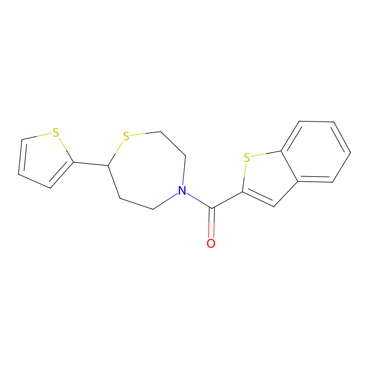 Benzo[b]thiophen-2-yl(7-(thiophen-2-yl)-1,4-thiazepan-4-yl)methanone molecular structure, CAS 1705513-23-0