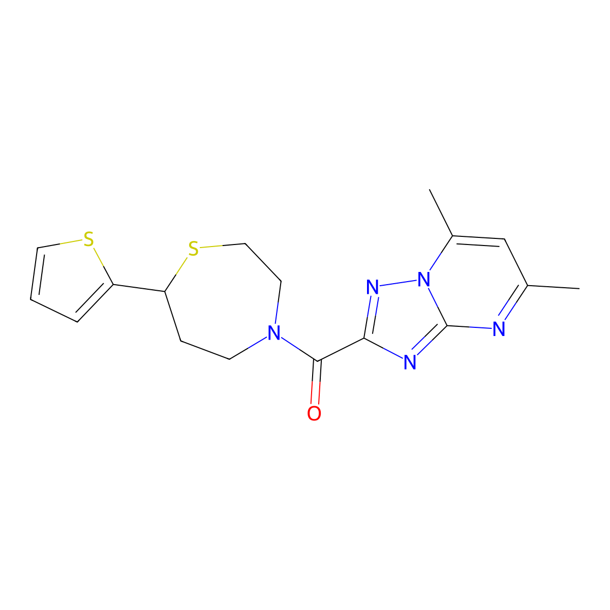 (5,7-Dimethyl-[1,2,4]triazolo[1,5-a]pyrimidin-2-yl)(7-(thiophen-2-yl)-1,4-thiazepan-4-yl)methanone molecular structure, CAS 1705513-43-4