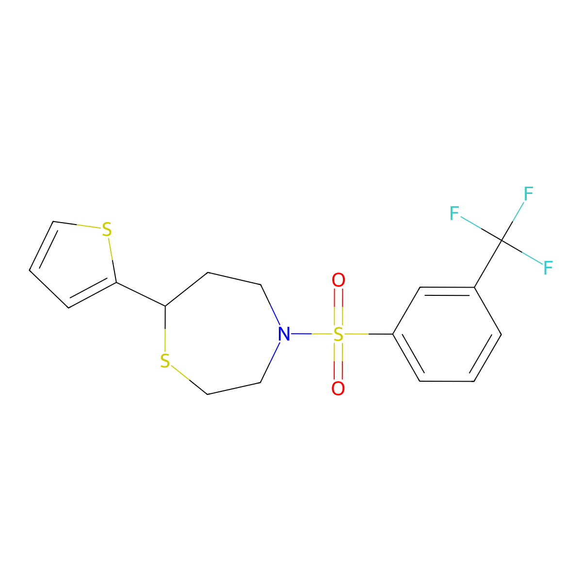 7-(Thiophen-2-yl)-4-((3-(trifluoromethyl)phenyl)sulfonyl)-1,4-thiazepane molecular structure, CAS 1705514-70-0