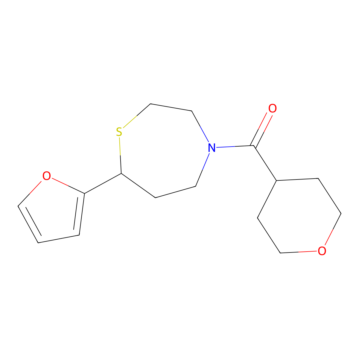 (7-(furan-2-yl)-1,4-thiazepan-4-yl)(tetrahydro-2H-pyran-4-yl)methanone molecular structure, CAS 1705516-28-4