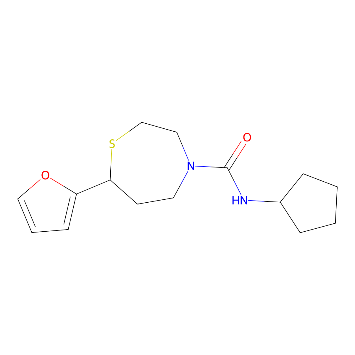 N-cyclopentyl-7-(furan-2-yl)-1,4-thiazepane-4-carboxamide molecular structure, CAS 1705516-94-4