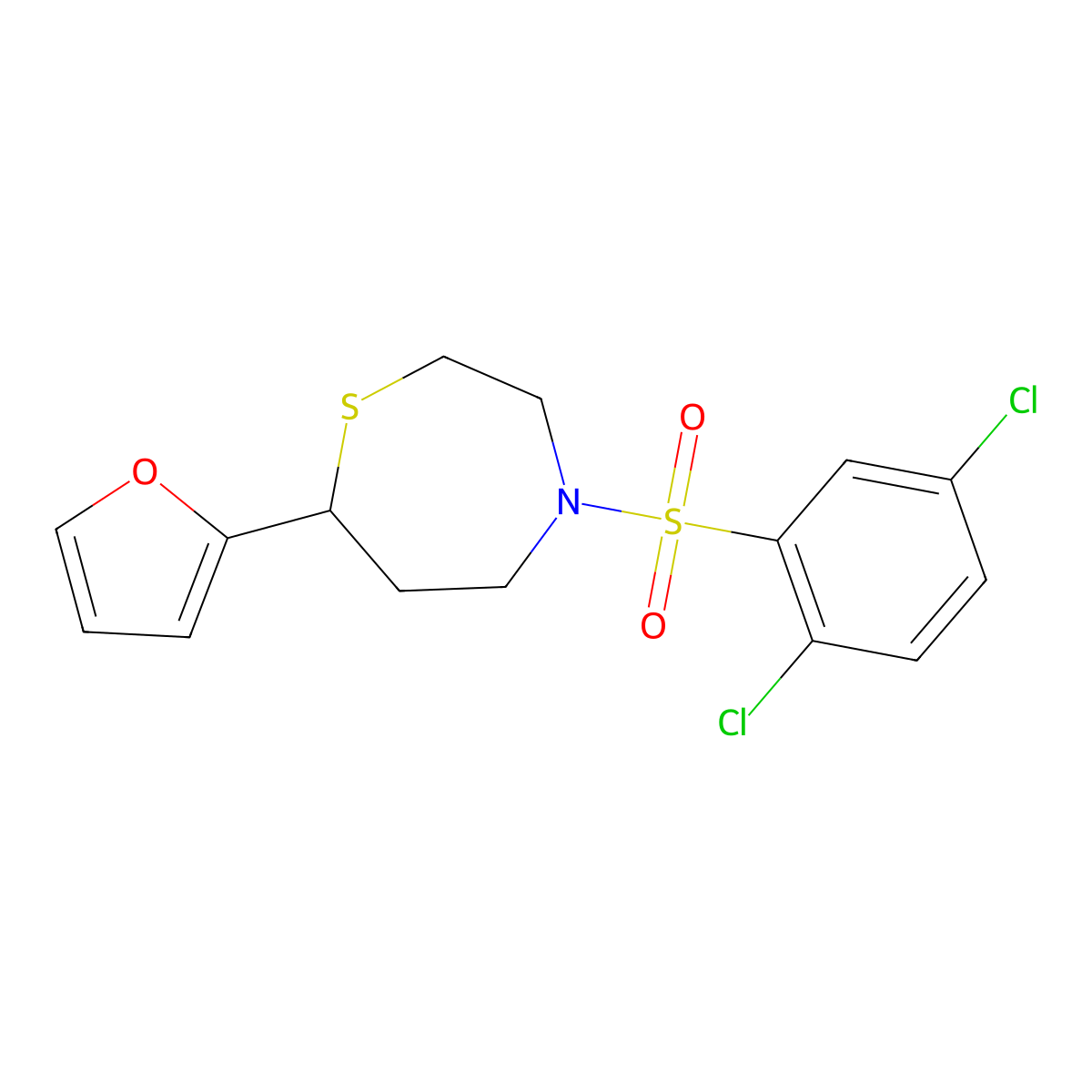 4-((2,5-Dichlorophenyl)sulfonyl)-7-(furan-2-yl)-1,4-thiazepane molecular structure, CAS 1705517-93-6
