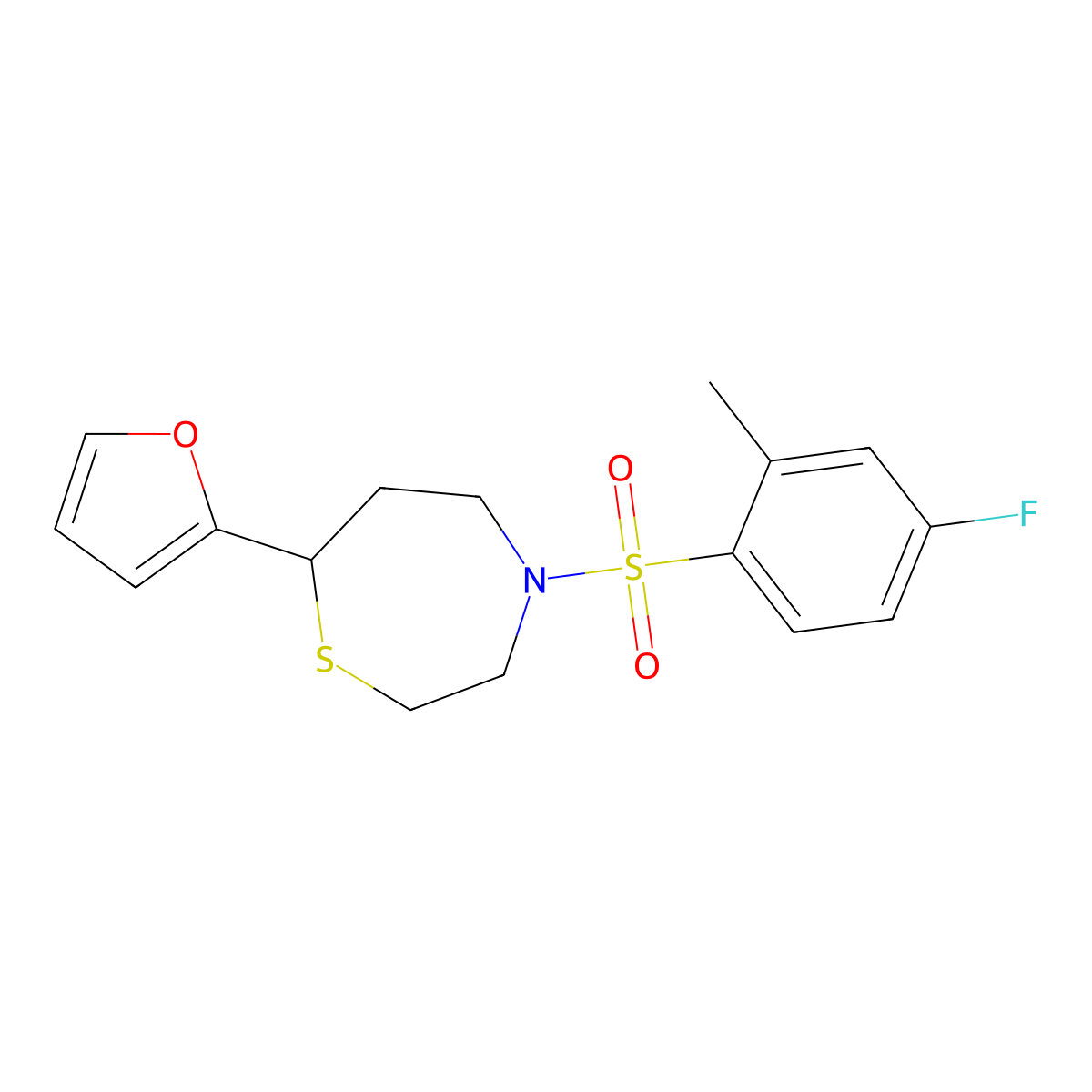 4-((4-Fluoro-2-methylphenyl)sulfonyl)-7-(furan-2-yl)-1,4-thiazepane molecular structure, CAS 1705518-22-4
