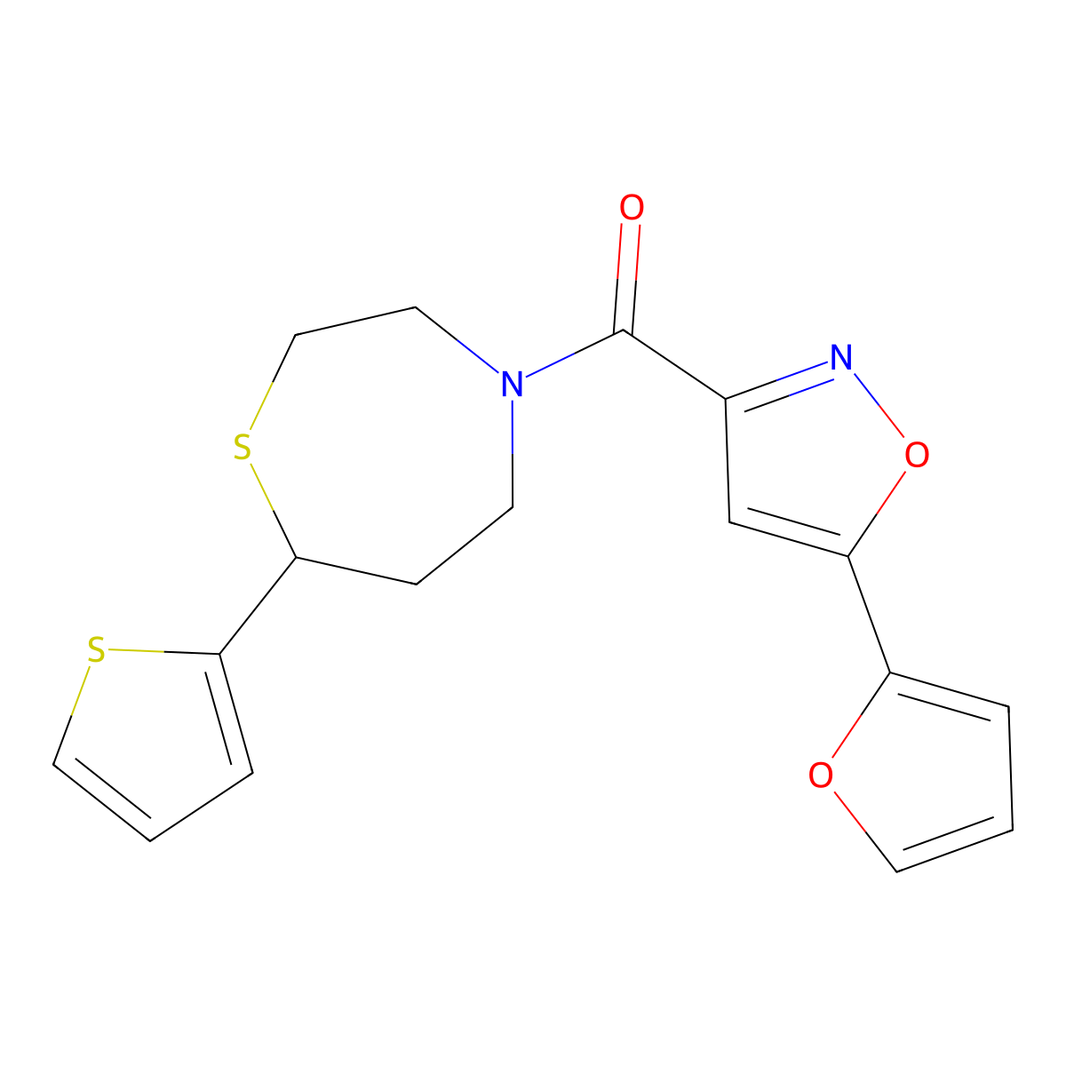 (5-(Furan-2-yl)isoxazol-3-yl)(7-(thiophen-2-yl)-1,4-thiazepan-4-yl)methanone molecular structure, CAS 1705518-29-1