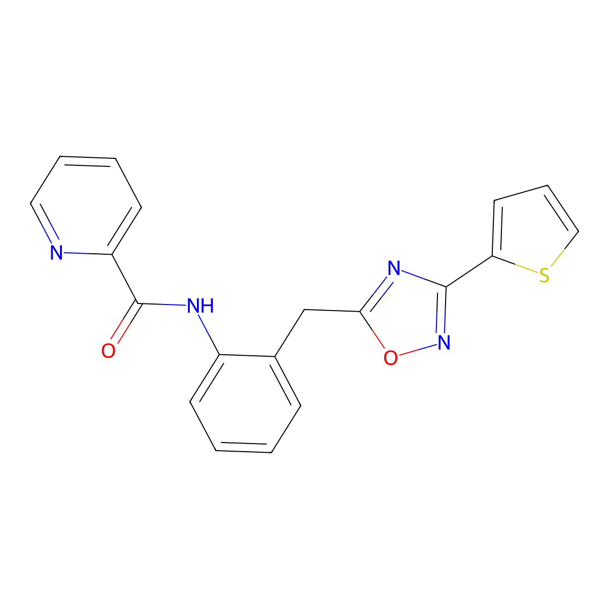 N-(2-((3-(thiophen-2-yl)-1,2,4-oxadiazol-5-yl)methyl)phenyl)picolinamide molecular structure, CAS 1705523-53-0