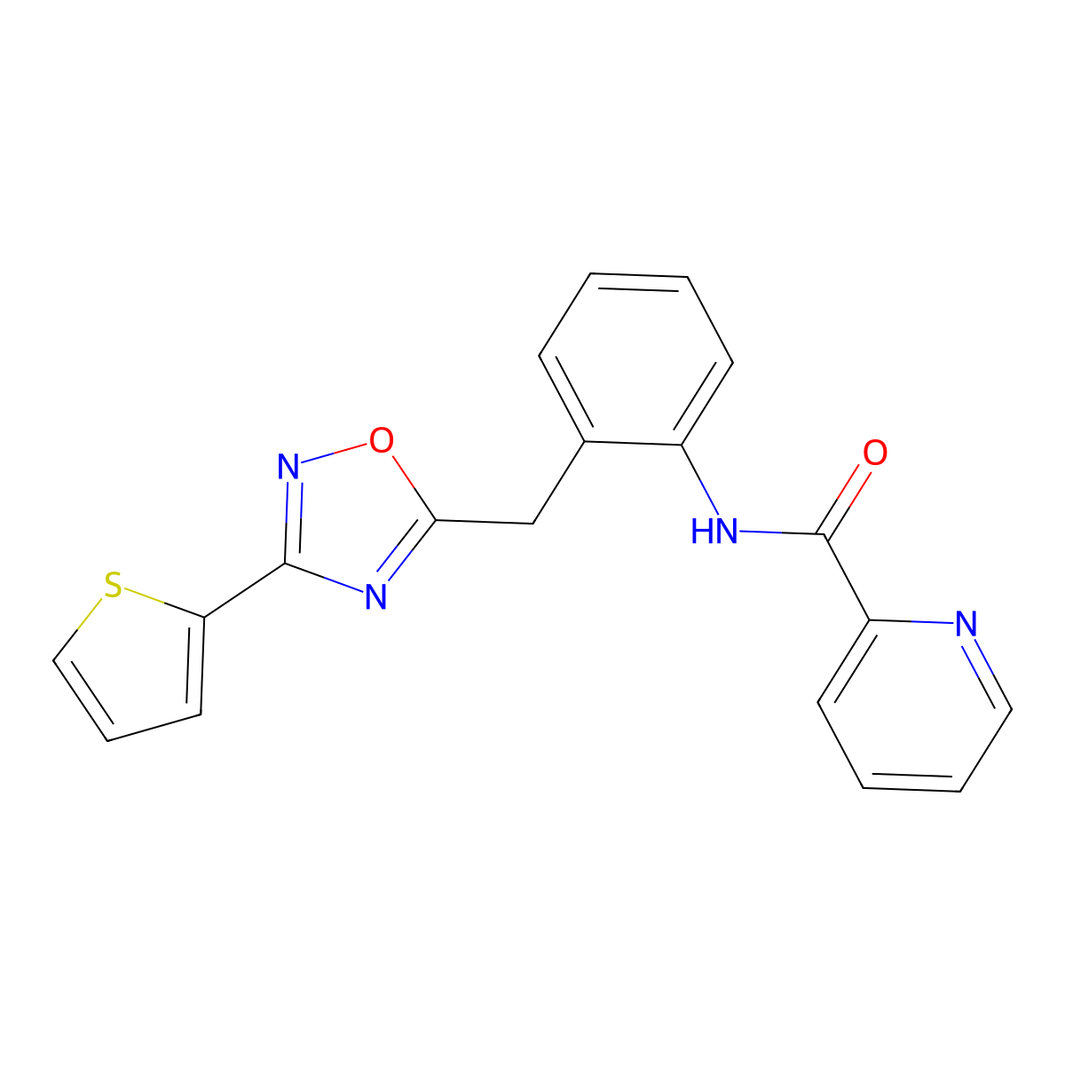 N-(2-((3-(thiophen-2-yl)-1,2,4-oxadiazol-5-yl)methyl)phenyl)picolinamide molecular structure, CAS 1705523-53-0