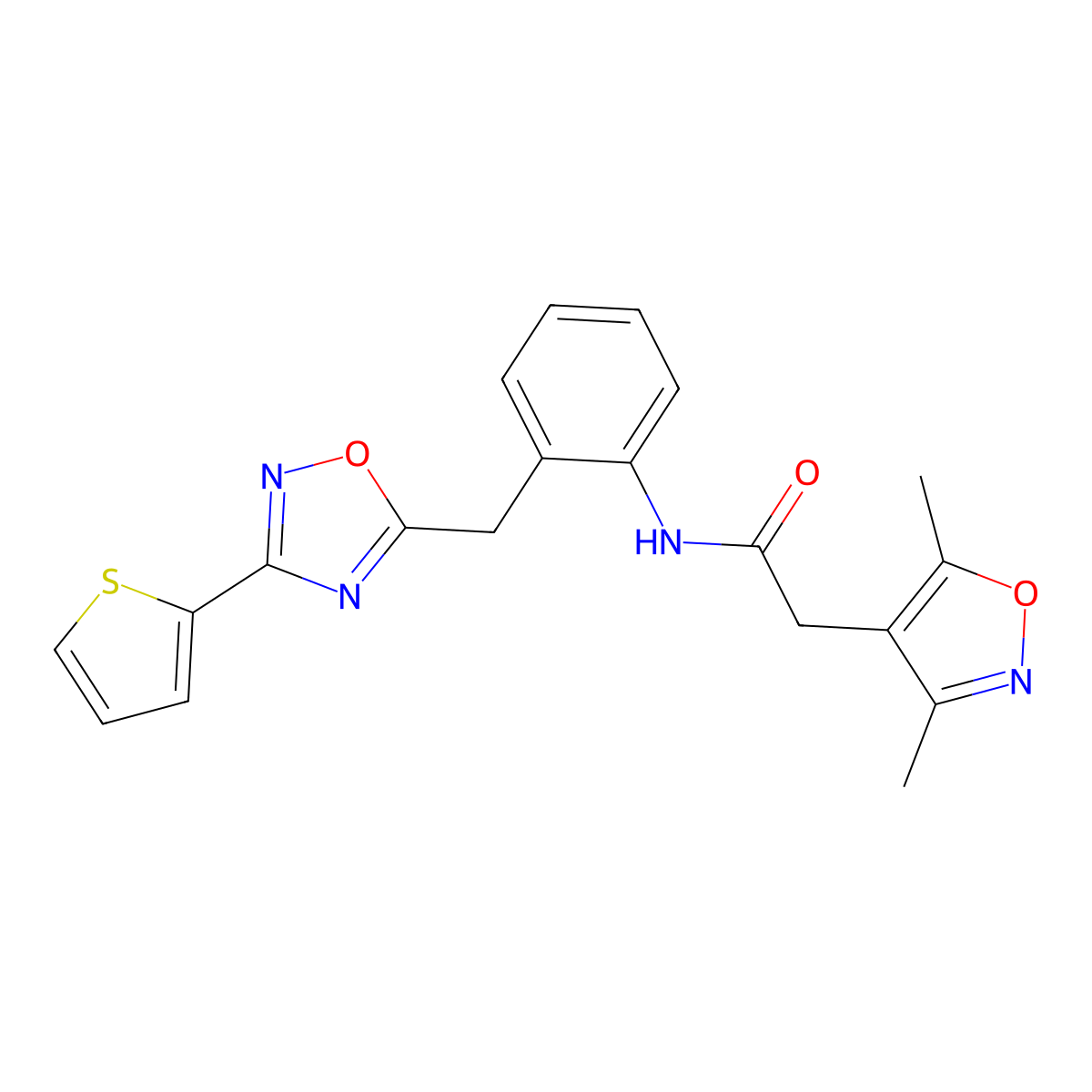 2-(3,5-dimethylisoxazol-4-yl)-N-(2-((3-(thiophen-2-yl)-1,2,4-oxadiazol-5-yl)methyl)phenyl)acetamide molecular structure, CAS 1705523-61-0