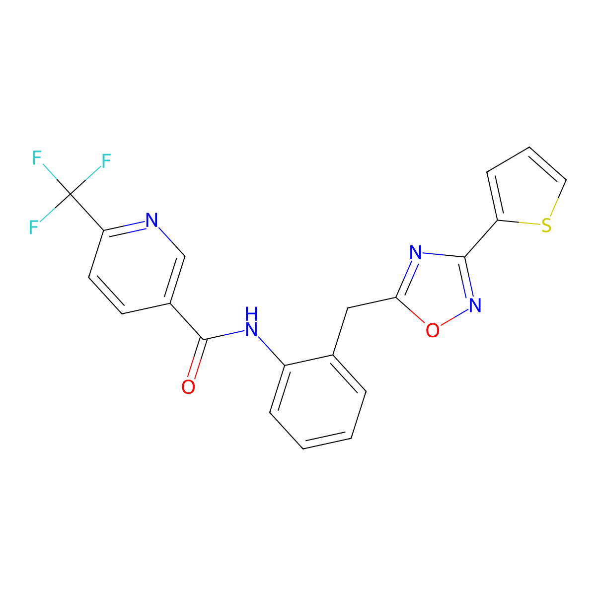 N-(2-((3-(thiophen-2-yl)-1,2,4-oxadiazol-5-yl)methyl)phenyl)-6-(trifluoromethyl)nicotinamide molecular structure, CAS 1705524-15-7