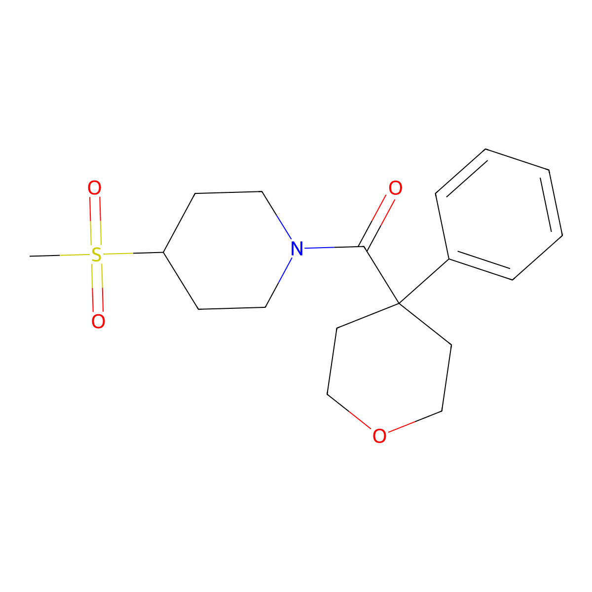 (4-(methylsulfonyl)piperidin-1-yl)(4-phenyltetrahydro-2H-pyran-4-yl)methanone molecular structure, CAS 1705535-64-3
