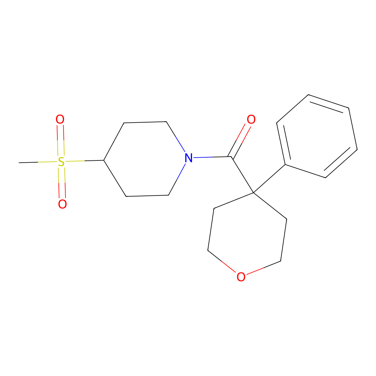 (4-(methylsulfonyl)piperidin-1-yl)(4-phenyltetrahydro-2H-pyran-4-yl)methanone molecular structure, CAS 1705535-64-3