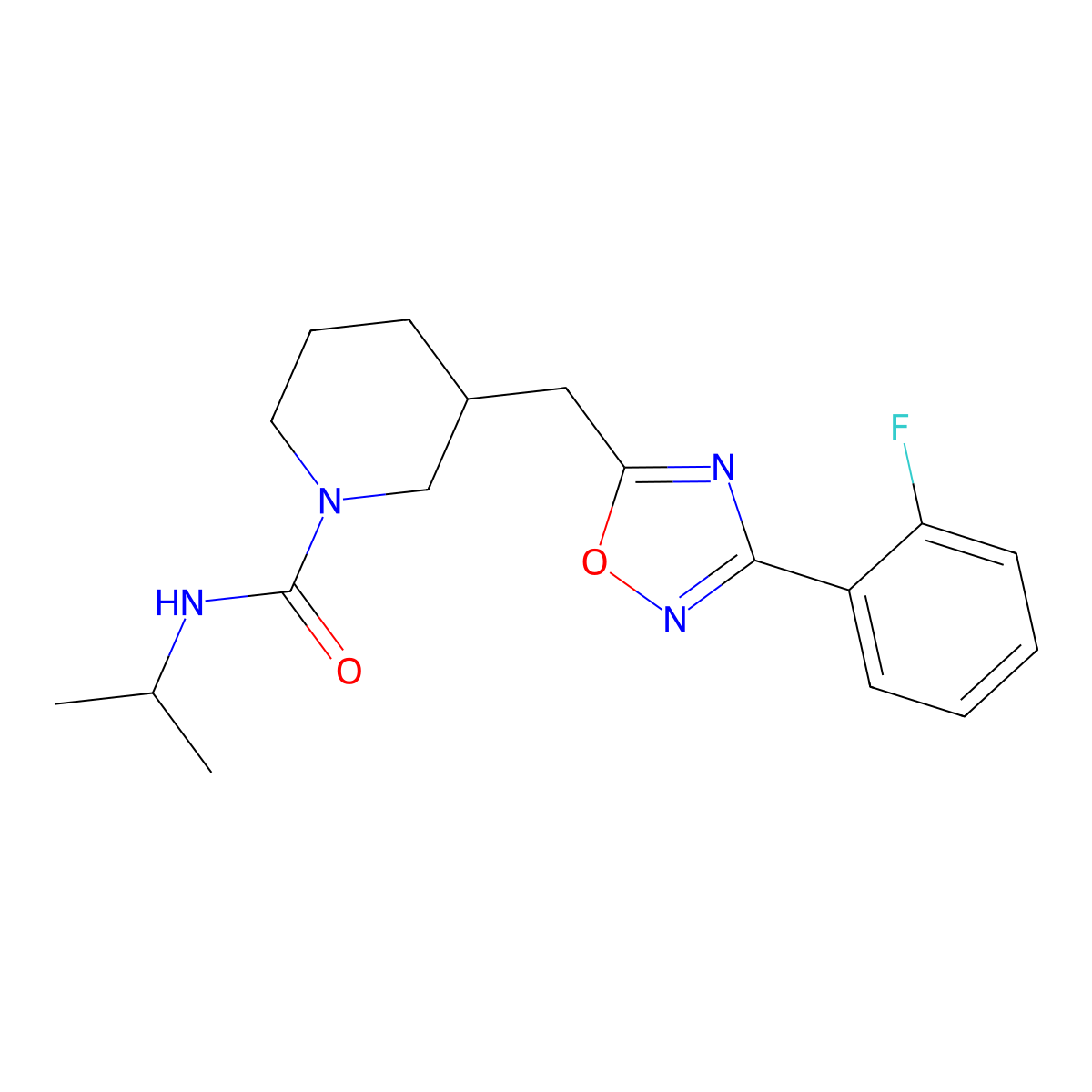 3-((3-(2-fluorophenyl)-1,2,4-oxadiazol-5-yl)methyl)-N-isopropylpiperidine-1-carboxamide molecular structure, CAS 1705546-58-2