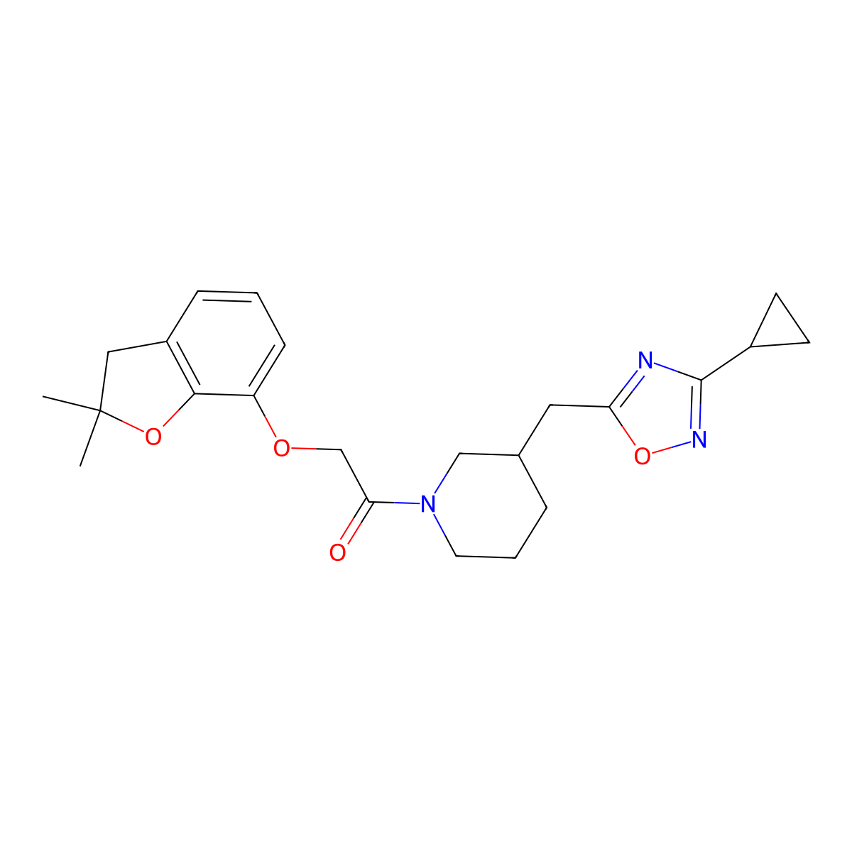 1-(3-((3-Cyclopropyl-1,2,4-oxadiazol-5-yl)methyl)piperidin-1-yl)-2-((2,2-dimethyl-2,3-dihydrobenzofuran-7-yl)oxy)ethanone molecular structure, CAS 1705547-58-5