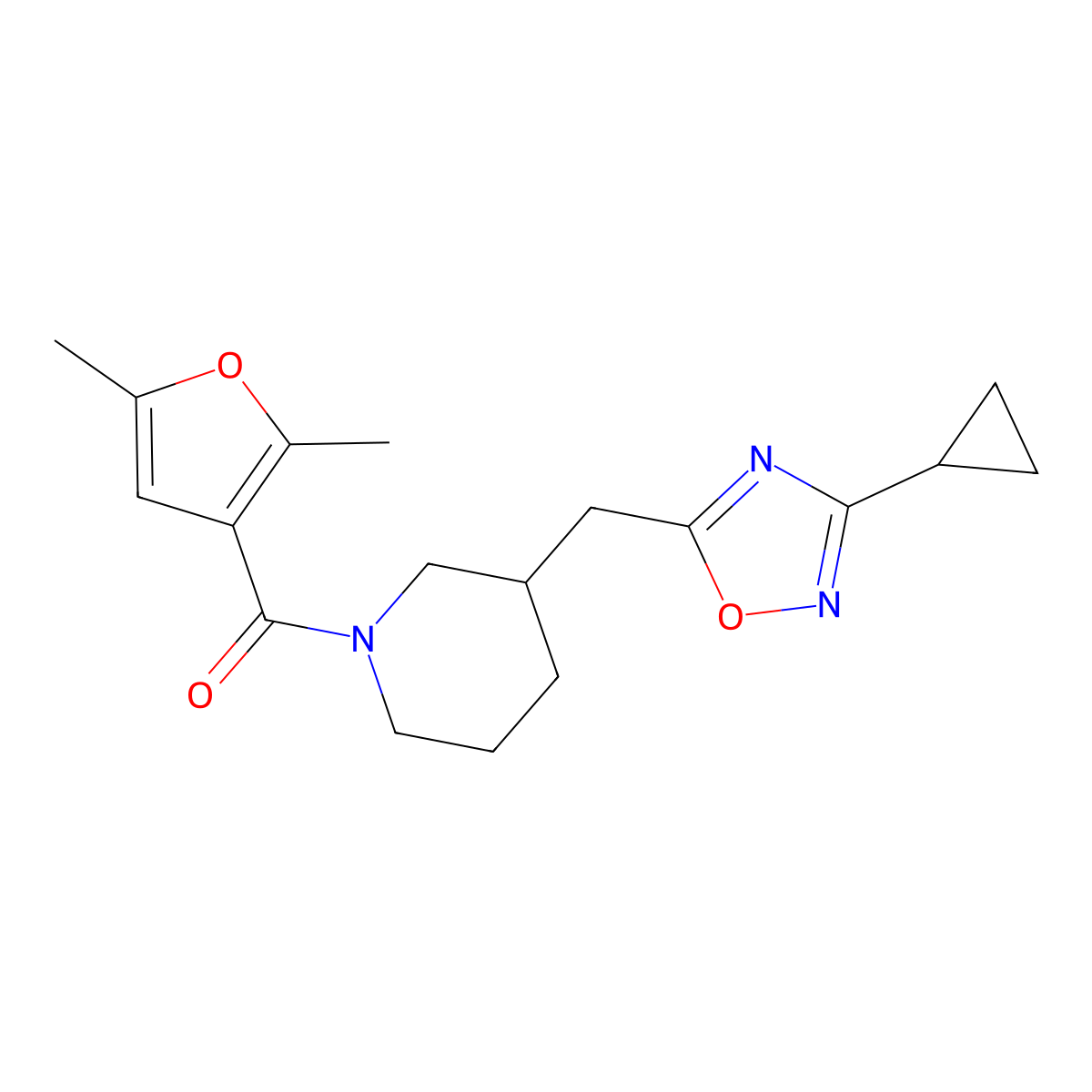 (3-((3-Cyclopropyl-1,2,4-oxadiazol-5-yl)methyl)piperidin-1-yl)(2,5-dimethylfuran-3-yl)methanone molecular structure, CAS 1705548-95-3