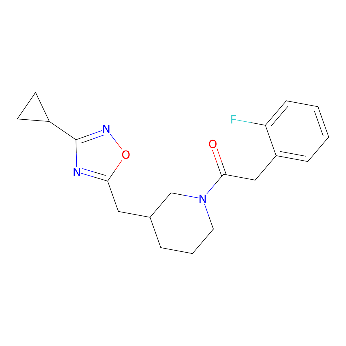 1-(3-((3-Cyclopropyl-1,2,4-oxadiazol-5-yl)methyl)piperidin-1-yl)-2-(2-fluorophenyl)ethanone molecular structure, CAS 1705549-18-3