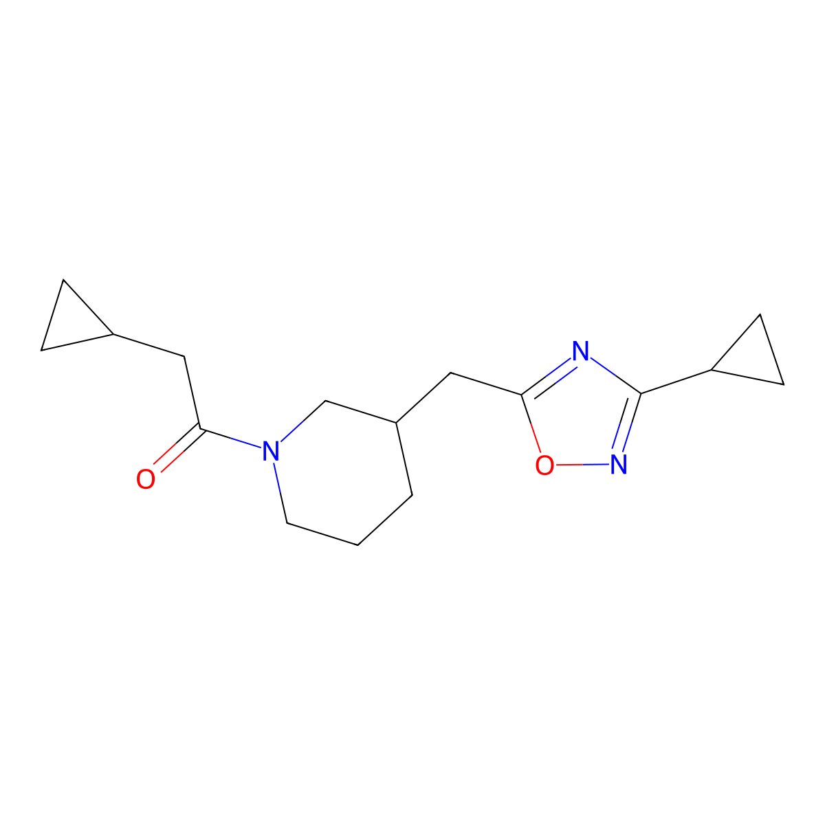 2-Cyclopropyl-1-(3-((3-cyclopropyl-1,2,4-oxadiazol-5-yl)methyl)piperidin-1-yl)ethanone molecular structure, CAS 1705549-40-1