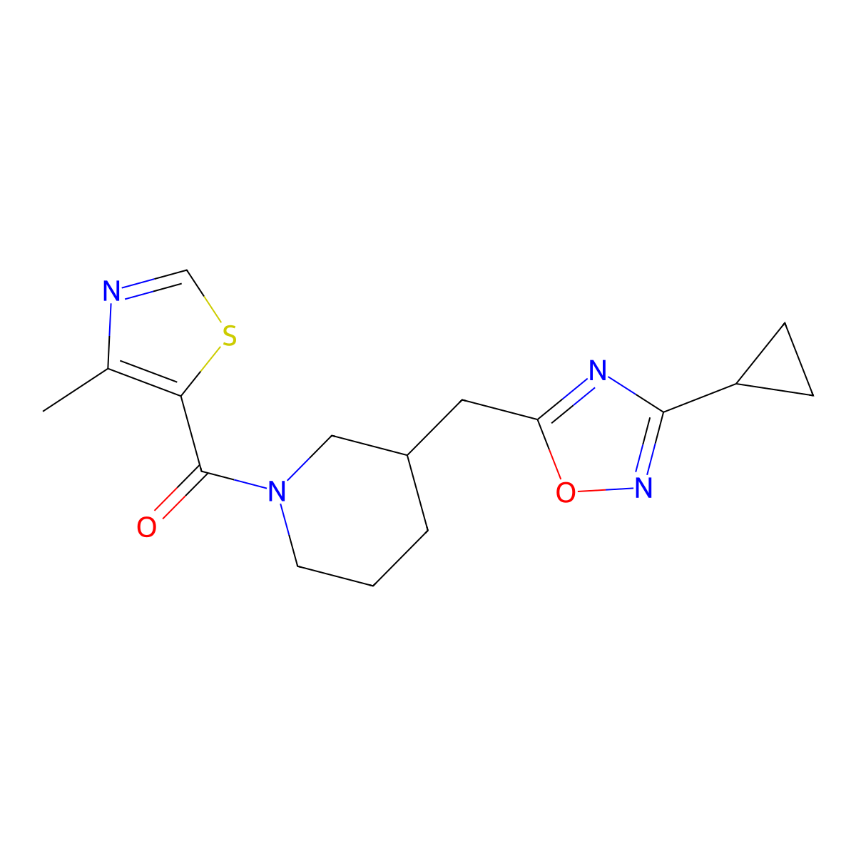 (3-((3-Cyclopropyl-1,2,4-oxadiazol-5-yl)methyl)piperidin-1-yl)(4-methylthiazol-5-yl)methanone molecular structure, CAS 1705549-58-1