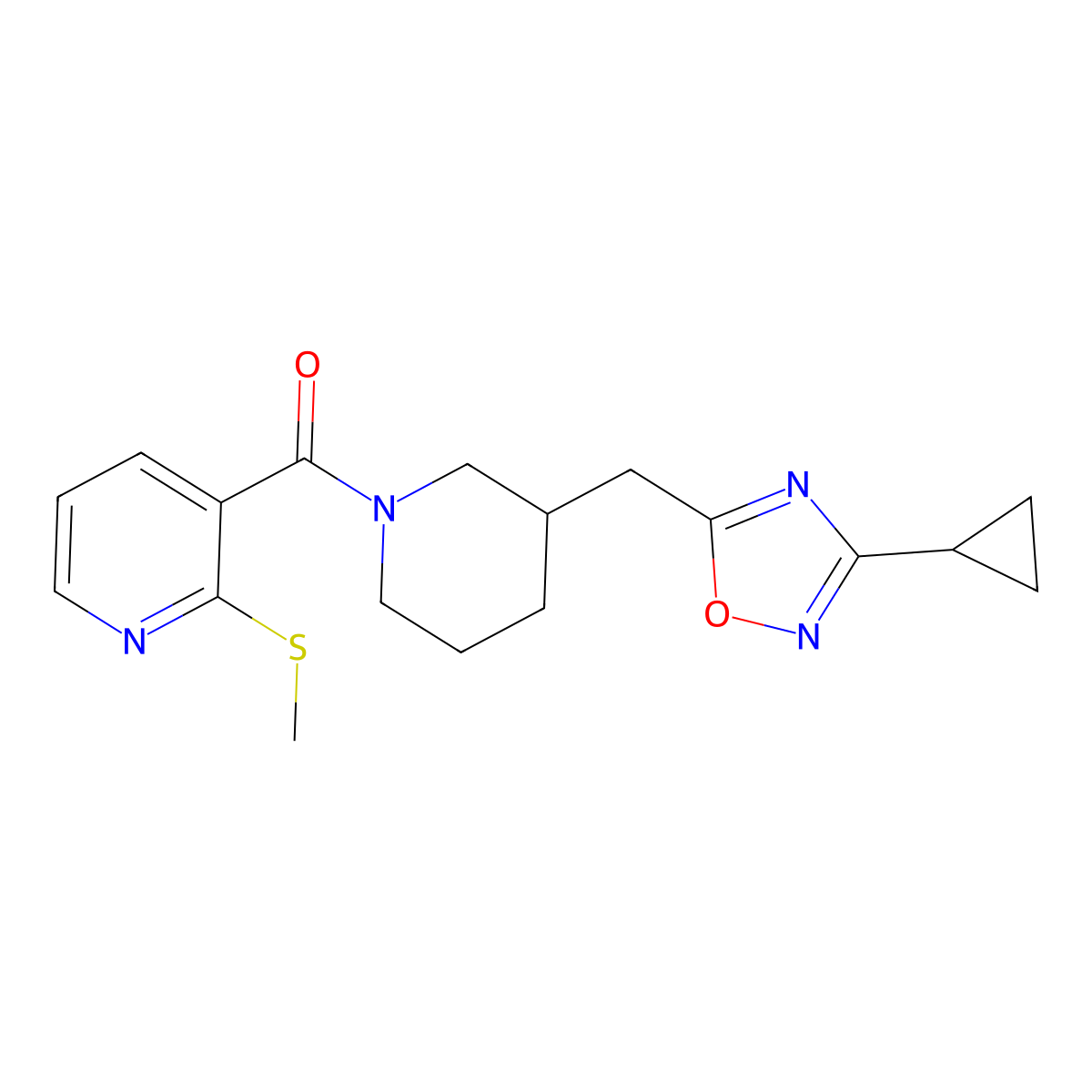 (3-((3-Cyclopropyl-1,2,4-oxadiazol-5-yl)methyl)piperidin-1-yl)(2-(methylthio)pyridin-3-yl)methanone molecular structure, CAS 1705549-65-0