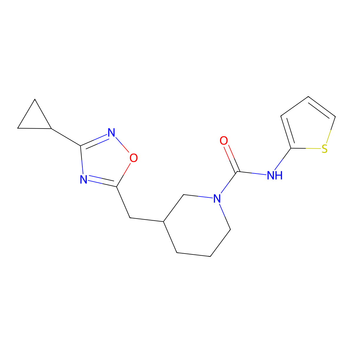 3-[(3-cyclopropyl-1,2,4-oxadiazol-5-yl)methyl]-N-(thiophen-2-yl)piperidine-1-carboxamide molecular structure, CAS 1705549-84-3