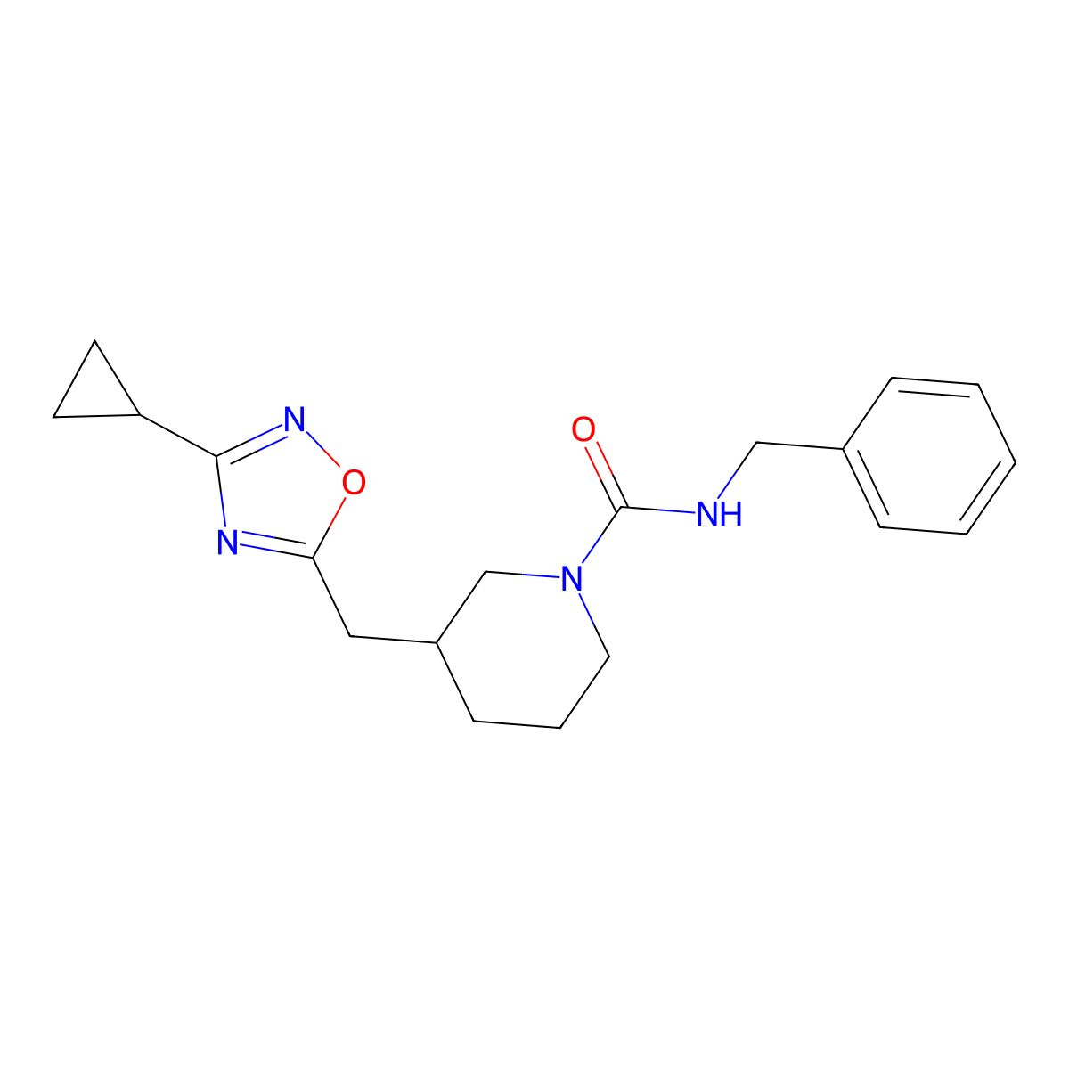 N-benzyl-3-[(3-cyclopropyl-1,2,4-oxadiazol-5-yl)methyl]piperidine-1-carboxamide molecular structure, CAS 1705549-91-2
