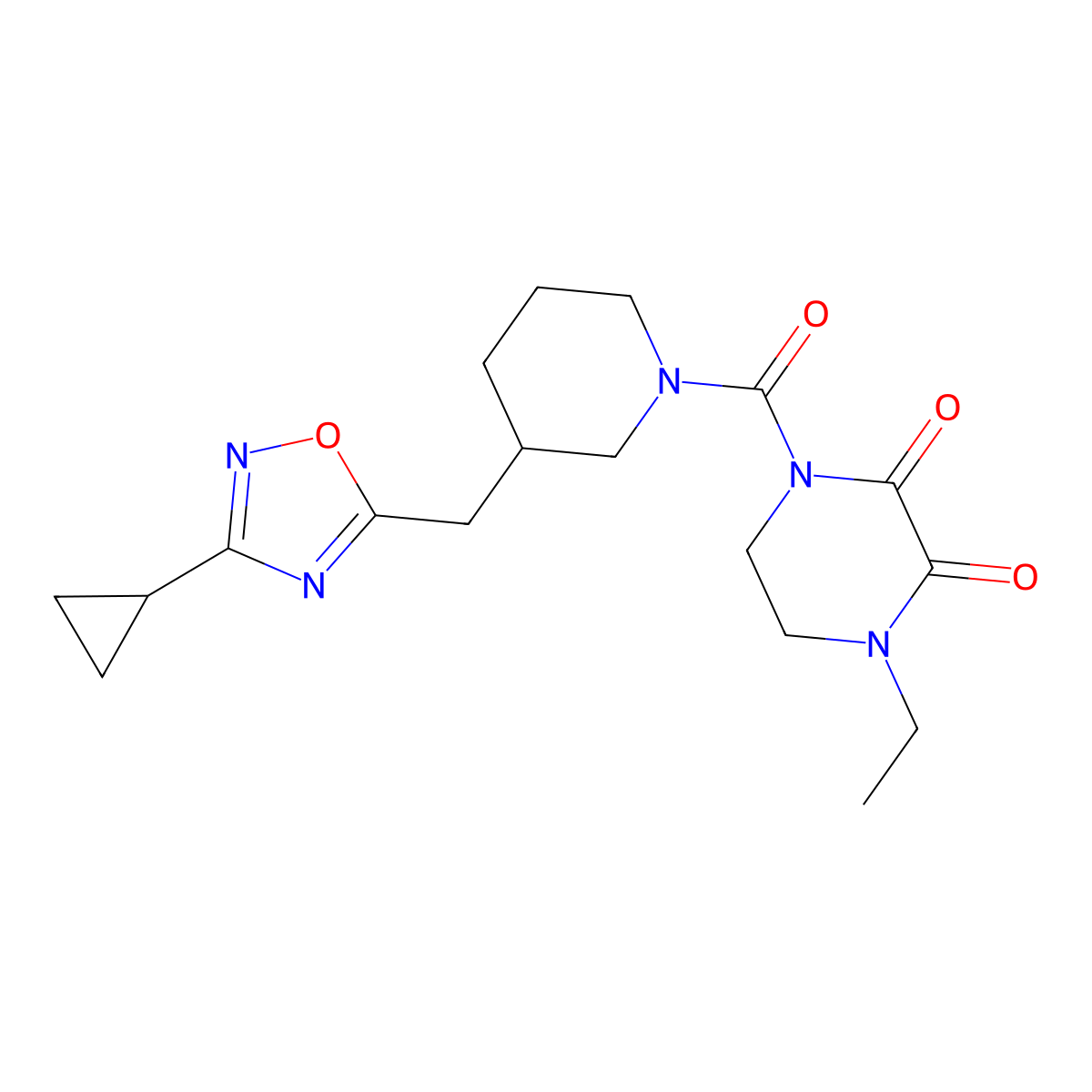 1-{3-[(3-Cyclopropyl-1,2,4-oxadiazol-5-yl)methyl]piperidine-1-carbonyl}-4-ethylpiperazine-2,3-dione molecular structure, CAS 1705550-28-2