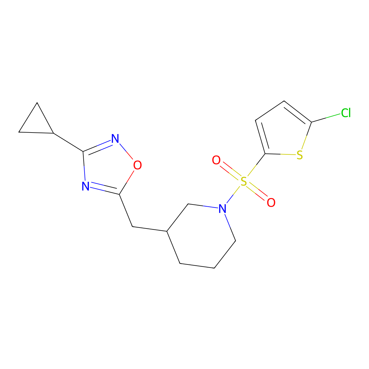 5-((1-((5-Chlorothiophen-2-yl)sulfonyl)piperidin-3-yl)methyl)-3-cyclopropyl-1,2,4-oxadiazole molecular structure, CAS 1705550-43-1