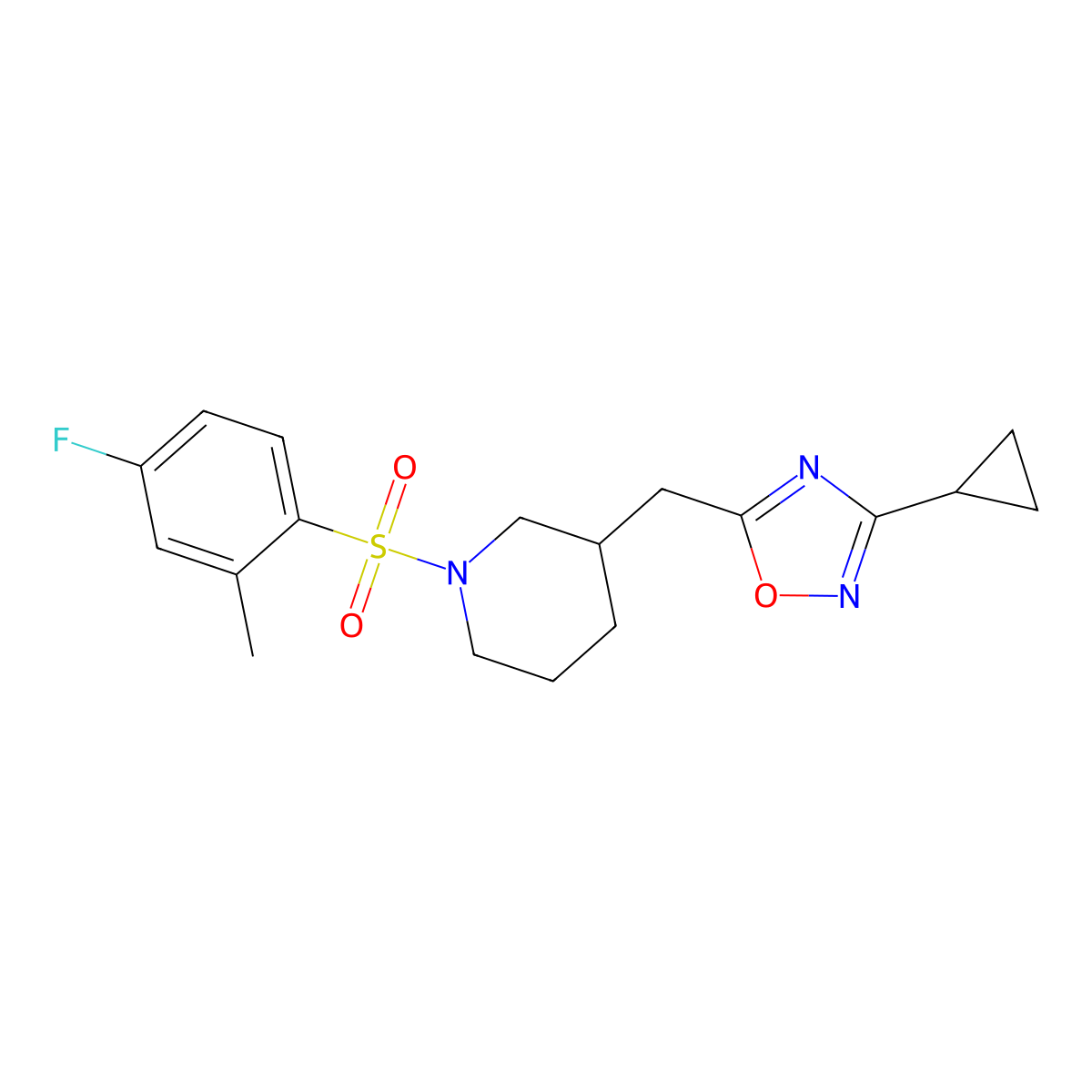3-Cyclopropyl-5-((1-((4-fluoro-2-methylphenyl)sulfonyl)piperidin-3-yl)methyl)-1,2,4-oxadiazole molecular structure, CAS 1705550-72-6