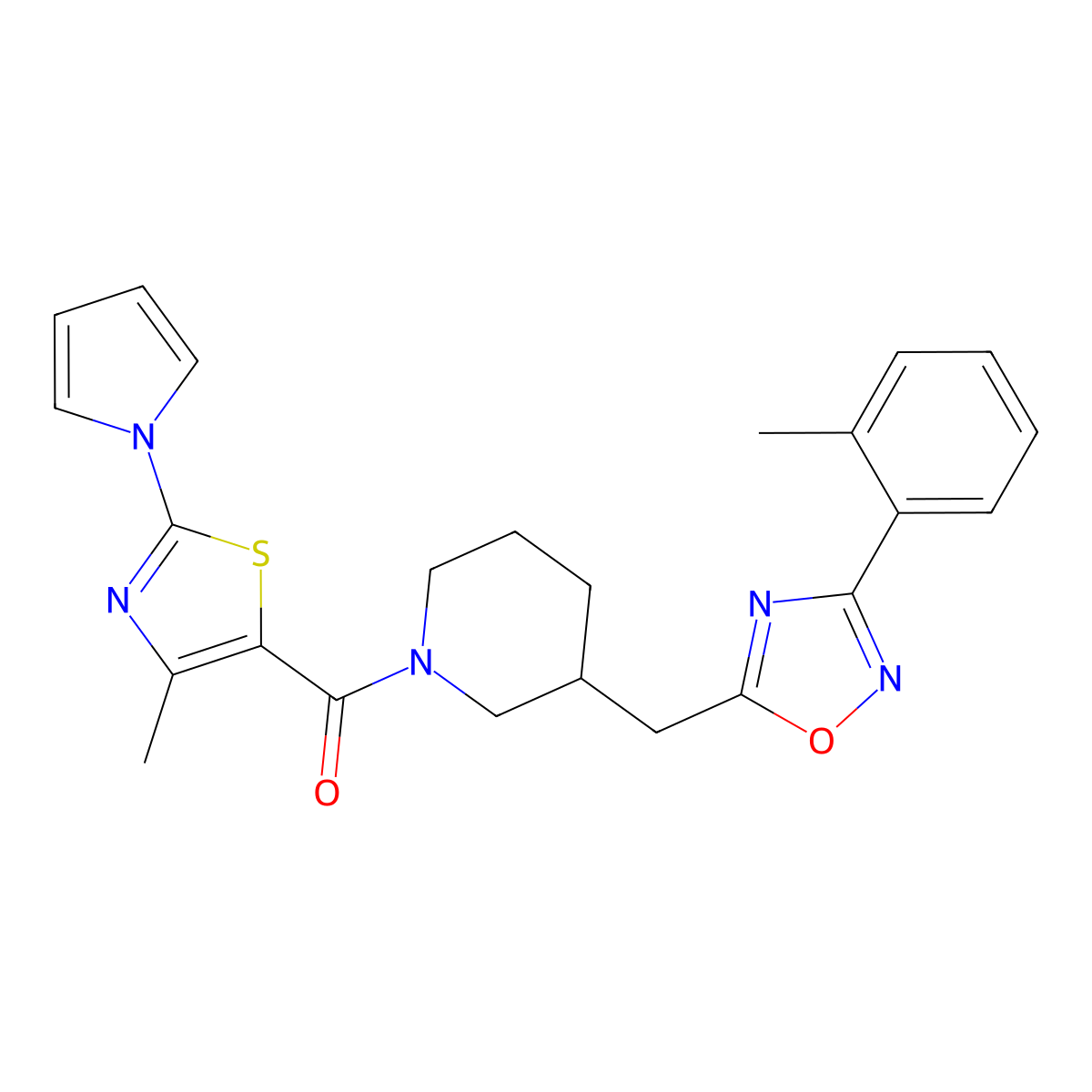 (4-methyl-2-(1H-pyrrol-1-yl)thiazol-5-yl)(3-((3-(o-tolyl)-1,2,4-oxadiazol-5-yl)methyl)piperidin-1-yl)methanone molecular structure, CAS 1705550-79-3