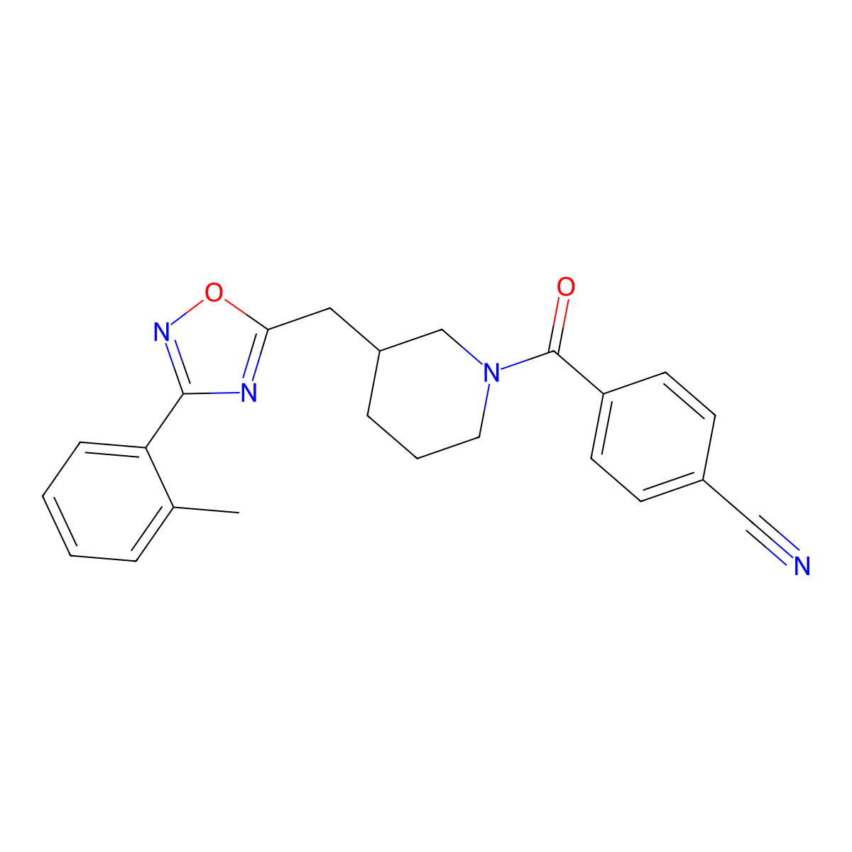 4-(3-((3-(o-Tolyl)-1,2,4-oxadiazol-5-yl)methyl)piperidine-1-carbonyl)benzonitrile molecular structure, CAS 1705551-53-6