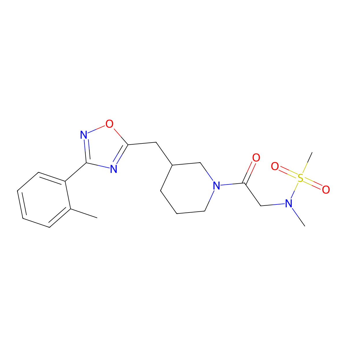 N-methyl-N-(2-oxo-2-(3-((3-(o-tolyl)-1,2,4-oxadiazol-5-yl)methyl)piperidin-1-yl)ethyl)methanesulfonamide molecular structure, CAS 1705551-58-1