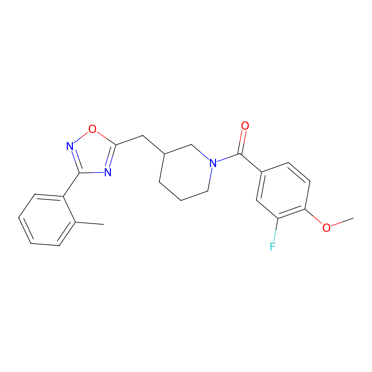 (3-Fluoro-4-methoxyphenyl)(3-((3-(o-tolyl)-1,2,4-oxadiazol-5-yl)methyl)piperidin-1-yl)methanone molecular structure, CAS 1705551-75-2