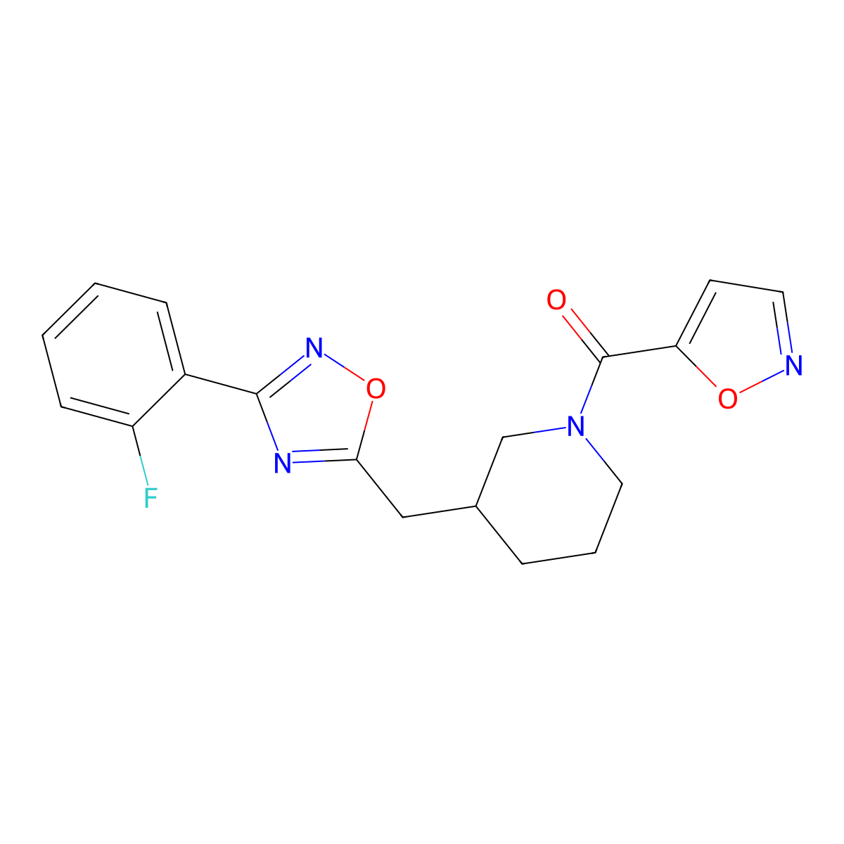 (3-((3-(2-Fluorophenyl)-1,2,4-oxadiazol-5-yl)methyl)piperidin-1-yl)(isoxazol-5-yl)methanone molecular structure, CAS 1705553-80-5