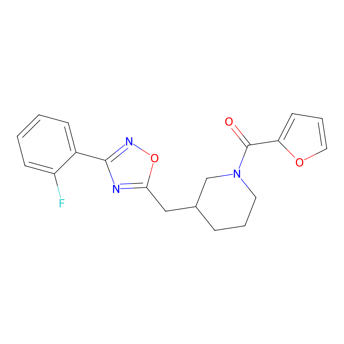 (3-((3-(2-Fluorophenyl)-1,2,4-oxadiazol-5-yl)methyl)piperidin-1-yl)(furan-2-yl)methanone molecular structure, CAS 1705554-16-0