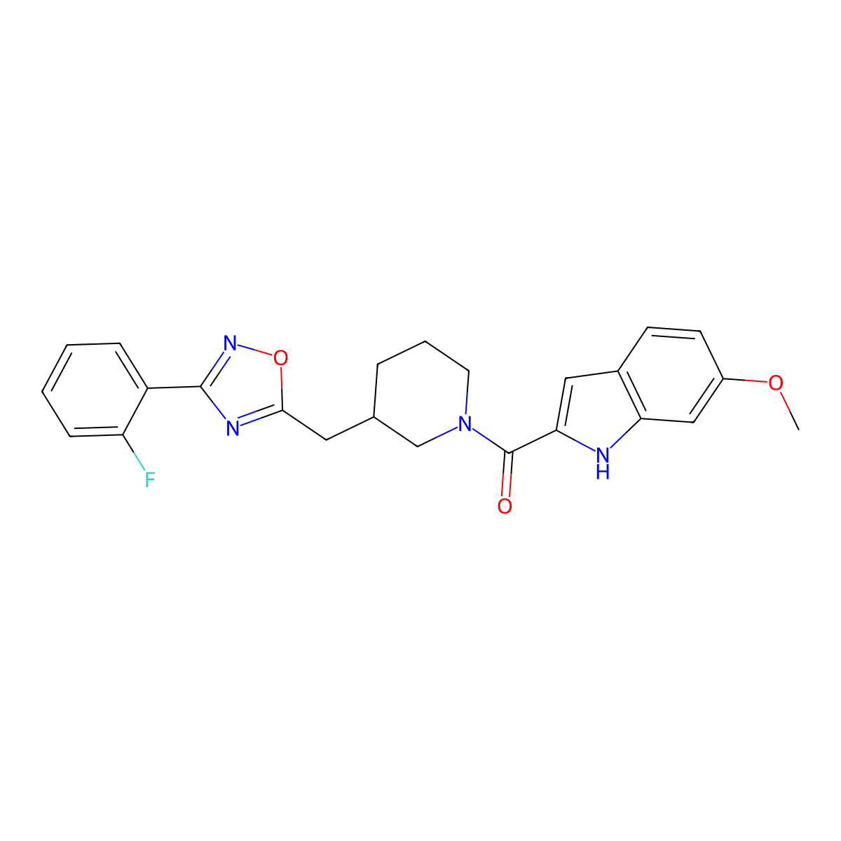 (3-((3-(2-fluorophenyl)-1,2,4-oxadiazol-5-yl)methyl)piperidin-1-yl)(6-methoxy-1H-indol-2-yl)methanone molecular structure, CAS 1705554-46-6