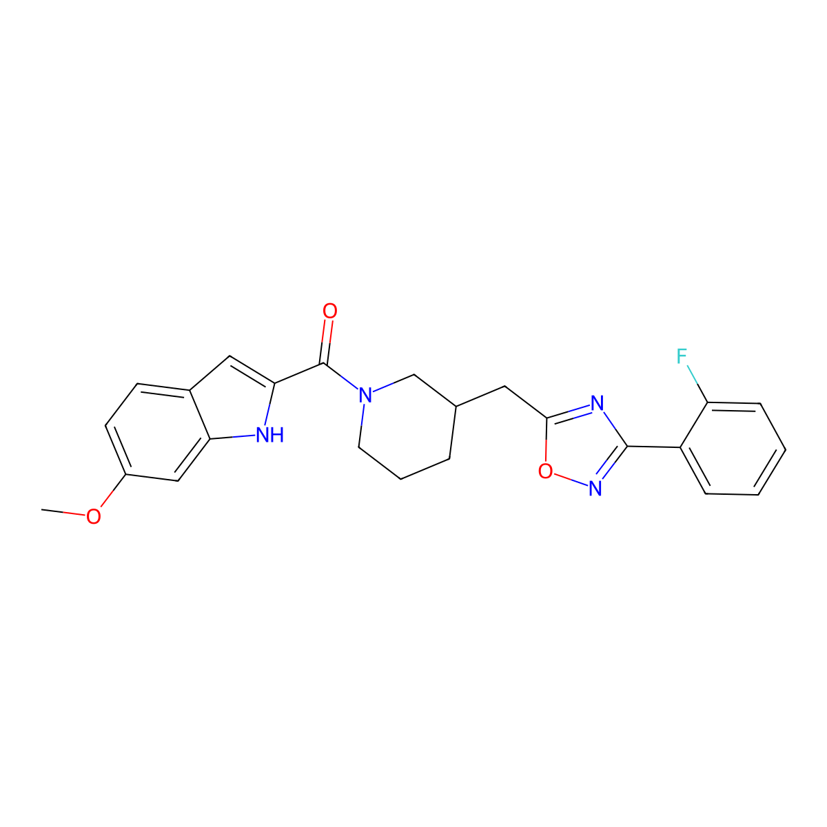 (3-((3-(2-fluorophenyl)-1,2,4-oxadiazol-5-yl)methyl)piperidin-1-yl)(6-methoxy-1H-indol-2-yl)methanone molecular structure, CAS 1705554-46-6