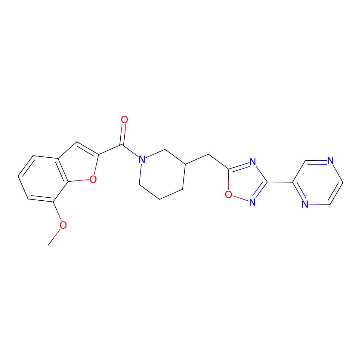 (7-Methoxybenzofuran-2-yl)(3-((3-(pyrazin-2-yl)-1,2,4-oxadiazol-5-yl)methyl)piperidin-1-yl)methanone molecular structure, CAS 1705559-40-5