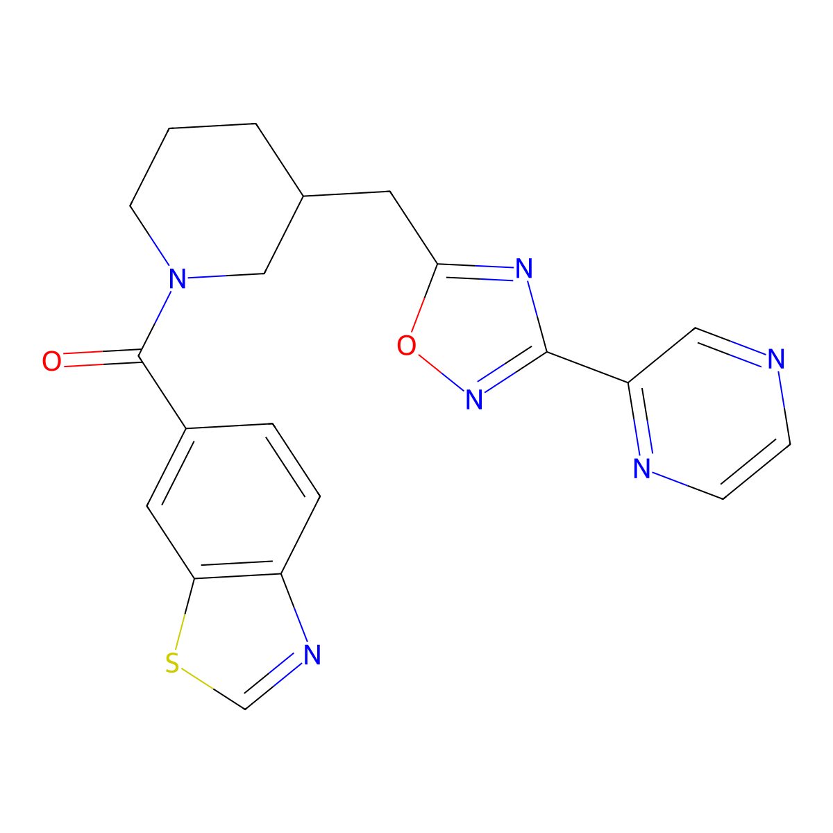Benzo[d]thiazol-6-yl(3-((3-(pyrazin-2-yl)-1,2,4-oxadiazol-5-yl)methyl)piperidin-1-yl)methanone molecular structure, CAS 1705559-47-2