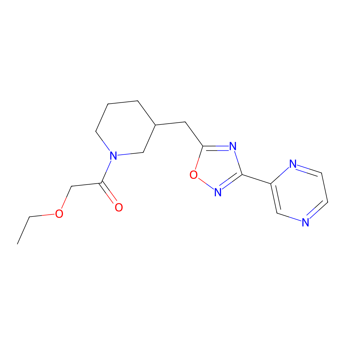 2-Ethoxy-1-(3-((3-(pyrazin-2-yl)-1,2,4-oxadiazol-5-yl)methyl)piperidin-1-yl)ethanone molecular structure, CAS 1705559-53-0