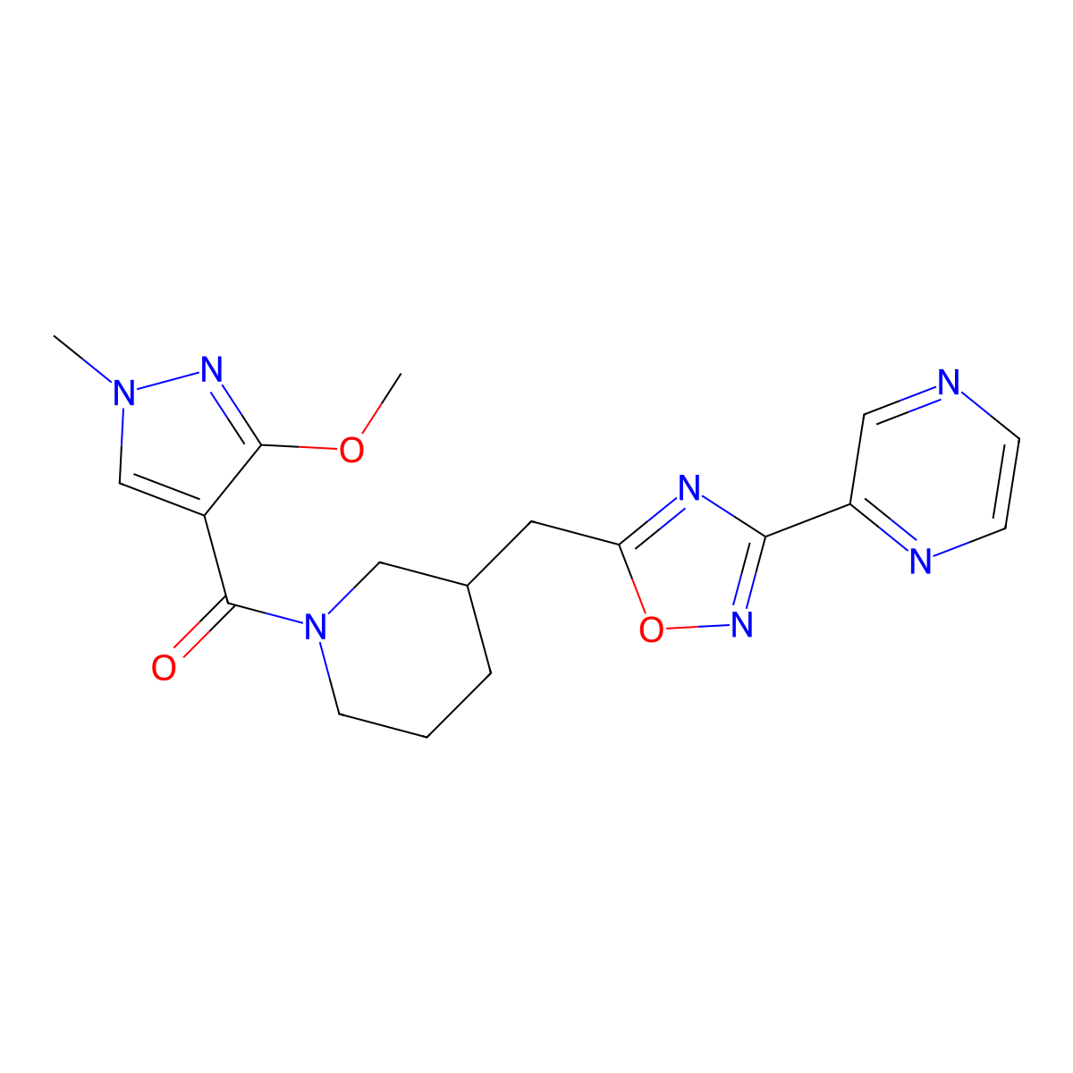(3-methoxy-1-methyl-1H-pyrazol-4-yl)(3-((3-(pyrazin-2-yl)-1,2,4-oxadiazol-5-yl)methyl)piperidin-1-yl)methanone molecular structure, CAS 1705560-16-2