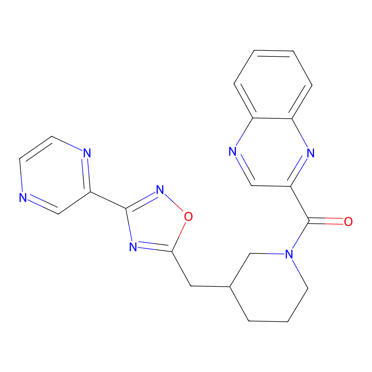 (3-((3-(Pyrazin-2-yl)-1,2,4-oxadiazol-5-yl)methyl)piperidin-1-yl)(quinoxalin-2-yl)methanone molecular structure, CAS 1705560-34-4