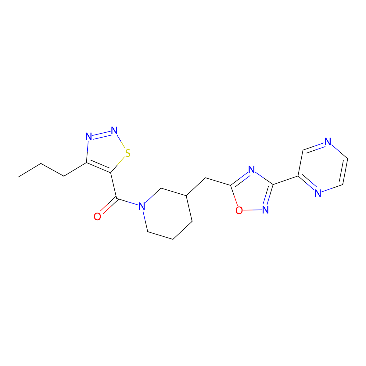 (4-Propyl-1,2,3-thiadiazol-5-yl)(3-((3-(pyrazin-2-yl)-1,2,4-oxadiazol-5-yl)methyl)piperidin-1-yl)methanone molecular structure, CAS 1705560-44-6