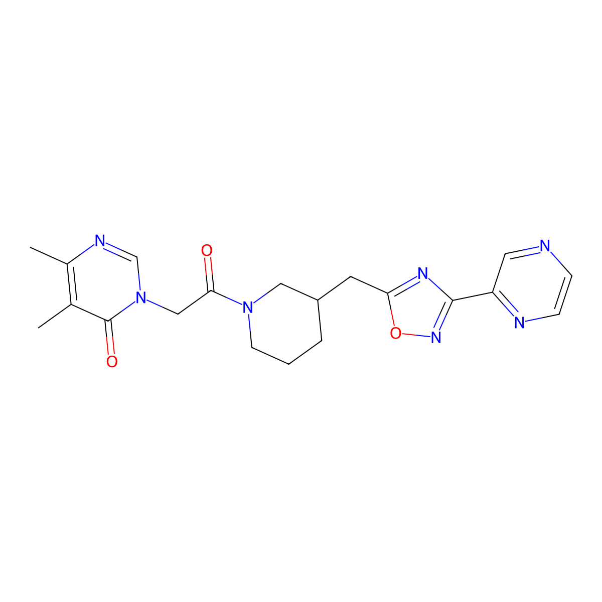 5,6-dimethyl-3-(2-oxo-2-(3-((3-(pyrazin-2-yl)-1,2,4-oxadiazol-5-yl)methyl)piperidin-1-yl)ethyl)pyrimidin-4(3H)-one molecular structure, CAS 1705560-54-8