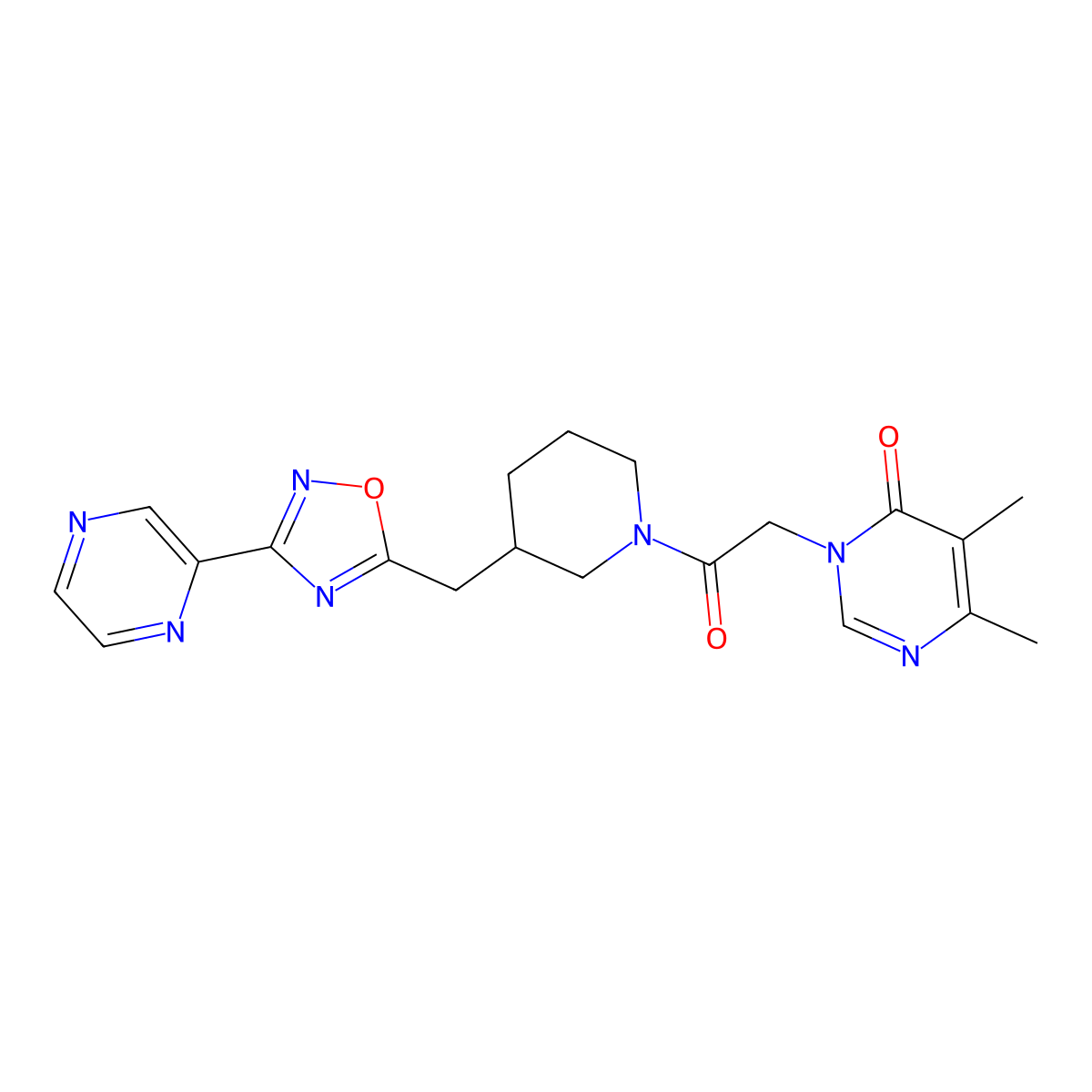 5,6-dimethyl-3-(2-oxo-2-(3-((3-(pyrazin-2-yl)-1,2,4-oxadiazol-5-yl)methyl)piperidin-1-yl)ethyl)pyrimidin-4(3H)-one molecular structure, CAS 1705560-54-8
