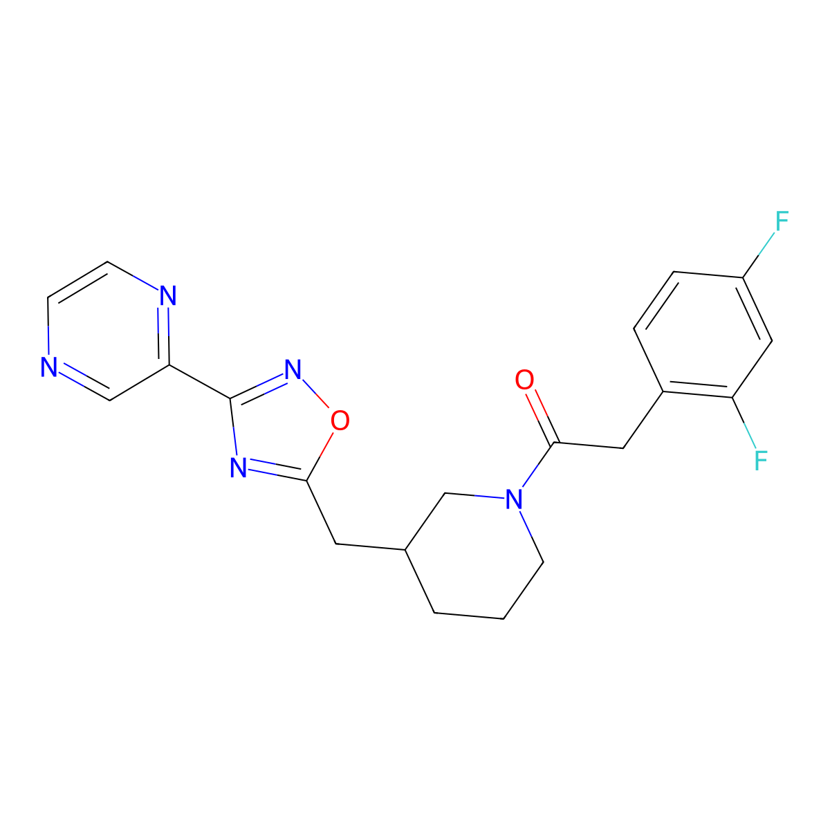 2-(2,4-Difluorophenyl)-1-(3-((3-(pyrazin-2-yl)-1,2,4-oxadiazol-5-yl)methyl)piperidin-1-yl)ethanone molecular structure, CAS 1705560-63-9