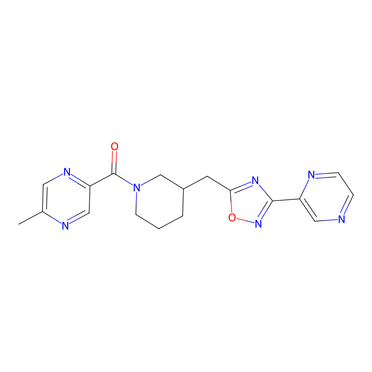 (5-Methylpyrazin-2-yl)(3-((3-(pyrazin-2-yl)-1,2,4-oxadiazol-5-yl)methyl)piperidin-1-yl)methanone molecular structure, CAS 1705560-93-5