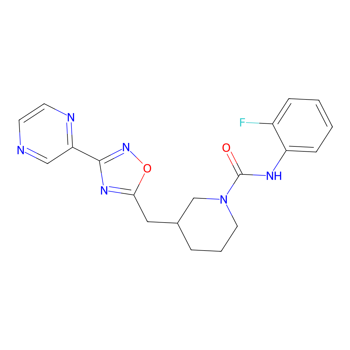 N-(2-fluorophenyl)-3-((3-(pyrazin-2-yl)-1,2,4-oxadiazol-5-yl)methyl)piperidine-1-carboxamide molecular structure, CAS 1705561-00-7