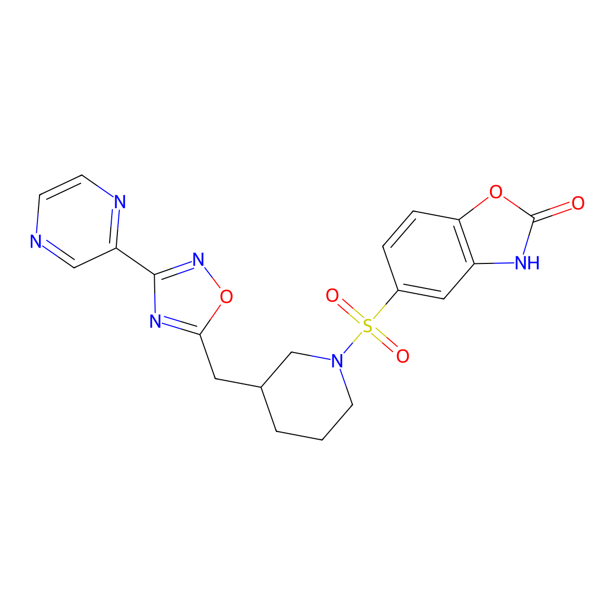 5-((3-((3-(pyrazin-2-yl)-1,2,4-oxadiazol-5-yl)methyl)piperidin-1-yl)sulfonyl)benzo[d]oxazol-2(3H)-one molecular structure, CAS 1705561-63-2