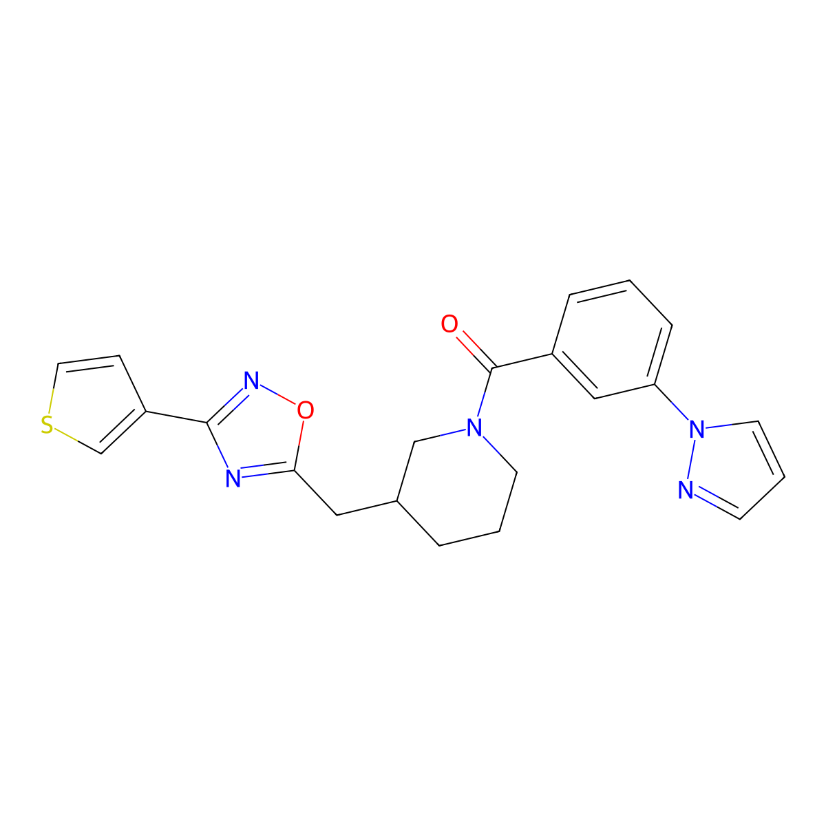 (3-(1H-pyrazol-1-yl)phenyl)(3-((3-(thiophen-3-yl)-1,2,4-oxadiazol-5-yl)methyl)piperidin-1-yl)methanone molecular structure, CAS 1705563-47-8