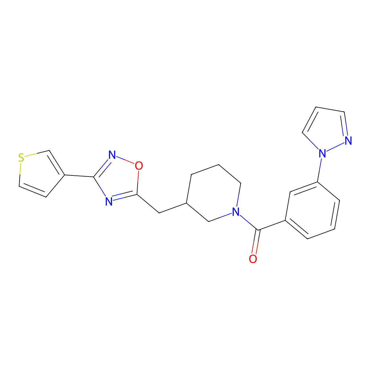 (3-(1H-pyrazol-1-yl)phenyl)(3-((3-(thiophen-3-yl)-1,2,4-oxadiazol-5-yl)methyl)piperidin-1-yl)methanone molecular structure, CAS 1705563-47-8
