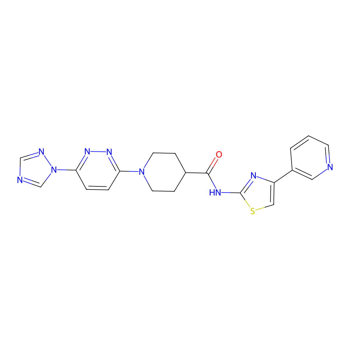 1-(6-(1H-1,2,4-triazol-1-yl)pyridazin-3-yl)-N-(4-(pyridin-3-yl)thiazol-2-yl)piperidine-4-carboxamide molecular structure, CAS 1705684-25-8