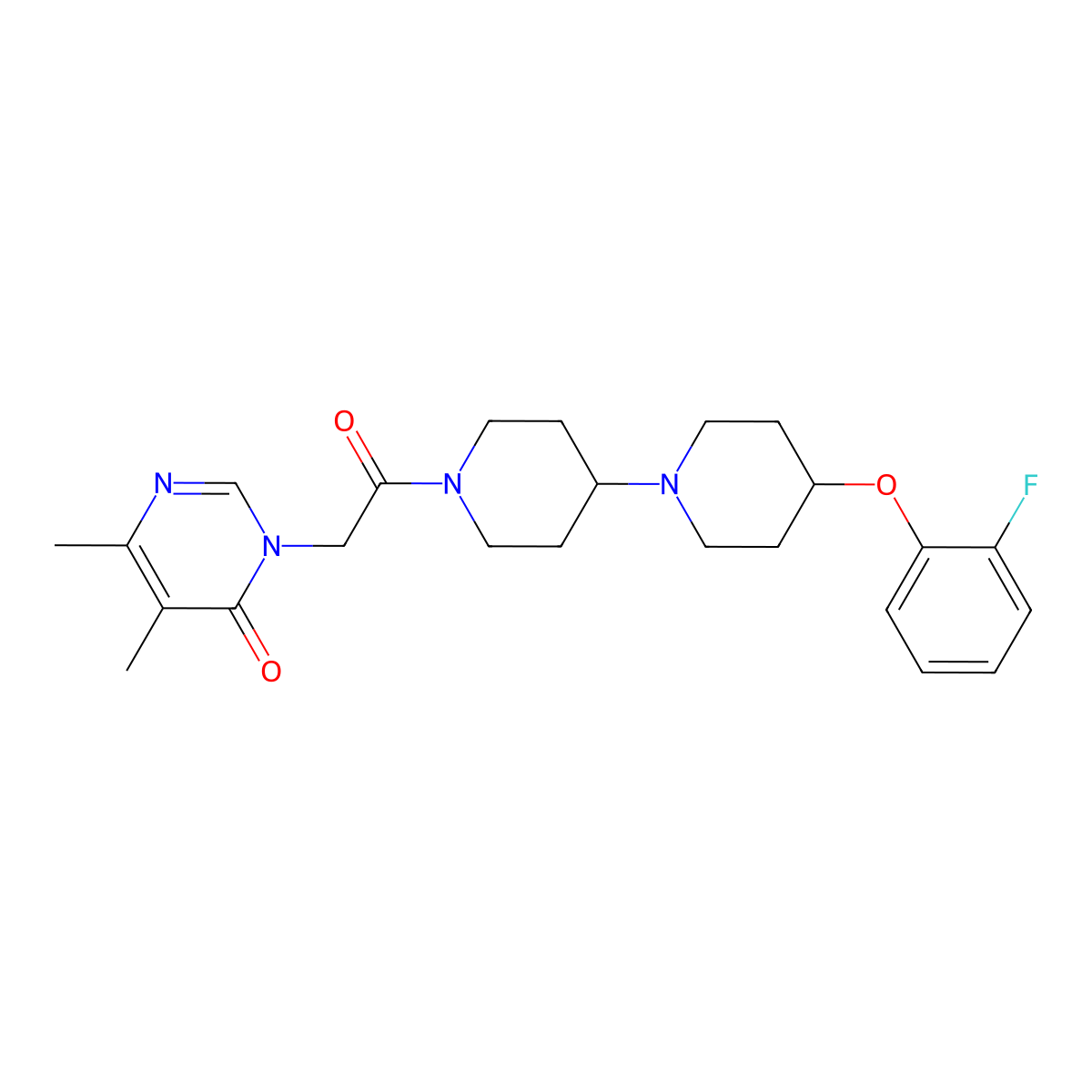 3-(2-(4-(2-fluorophenoxy)-[1,4'-bipiperidin]-1'-yl)-2-oxoethyl)-5,6-dimethylpyrimidin-4(3H)-one molecular structure, CAS 1705692-95-0